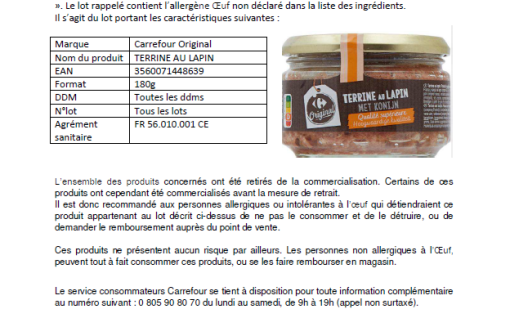 RAPPEL PRODUIT  Terrine au lapin 180 G Carrefour original ALLERGENE : Oeuf