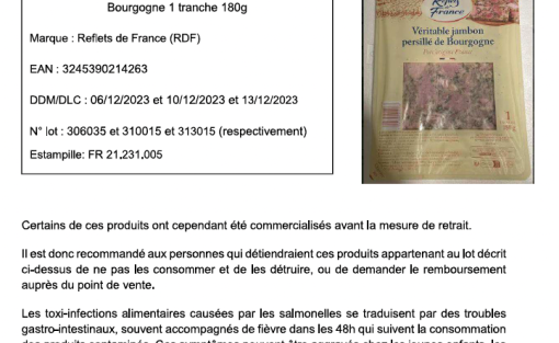 RAPPEL PRODUIT : VERITABLE JAMBON PERSILLE DE BOURGOGNE